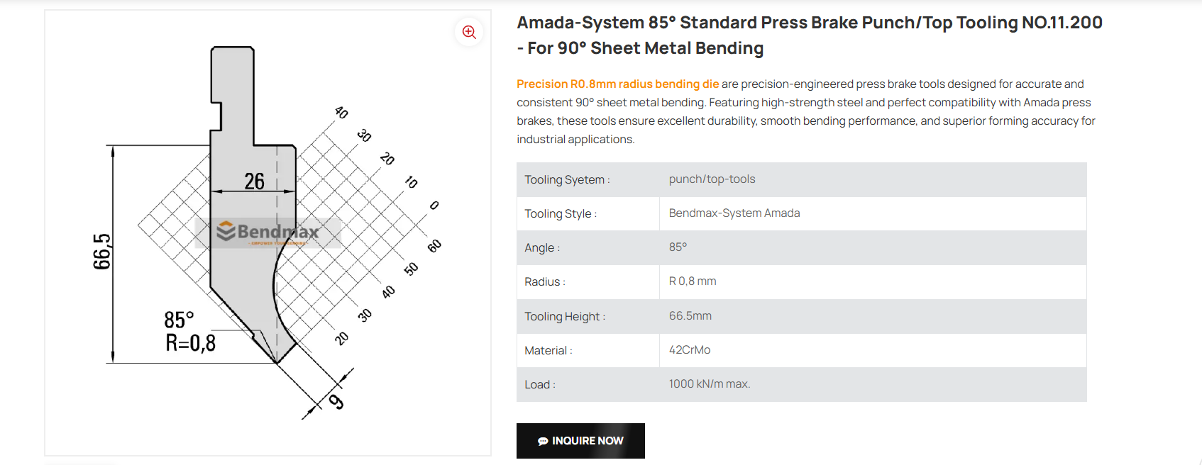 Amada-system 85&deg; Standard Press Brake Punch/Top Tooling NO.11.200 - For 90&deg; Sheet Metal Bending