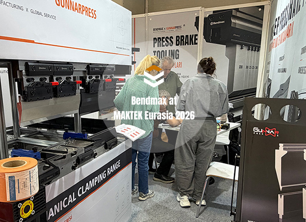 Visitors reviewing Bendmax press brake tooling information and product materials at MAKTEK Eurasia 2026
